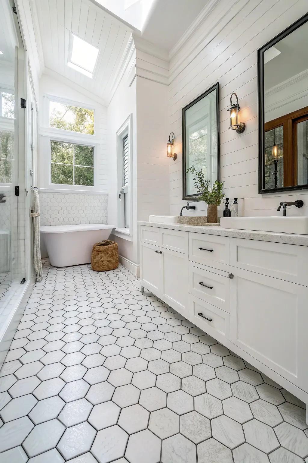 A white bathroom featuring six-sided tile flooring for added visual intrigue.