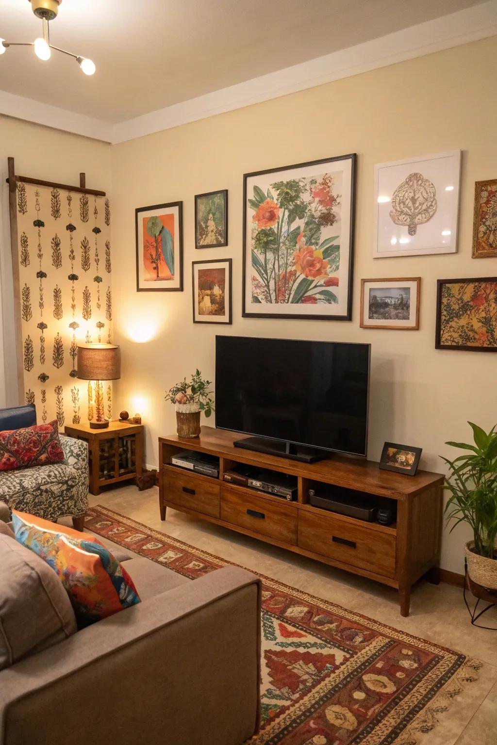 A TV wall enhanced with decorative art pieces.