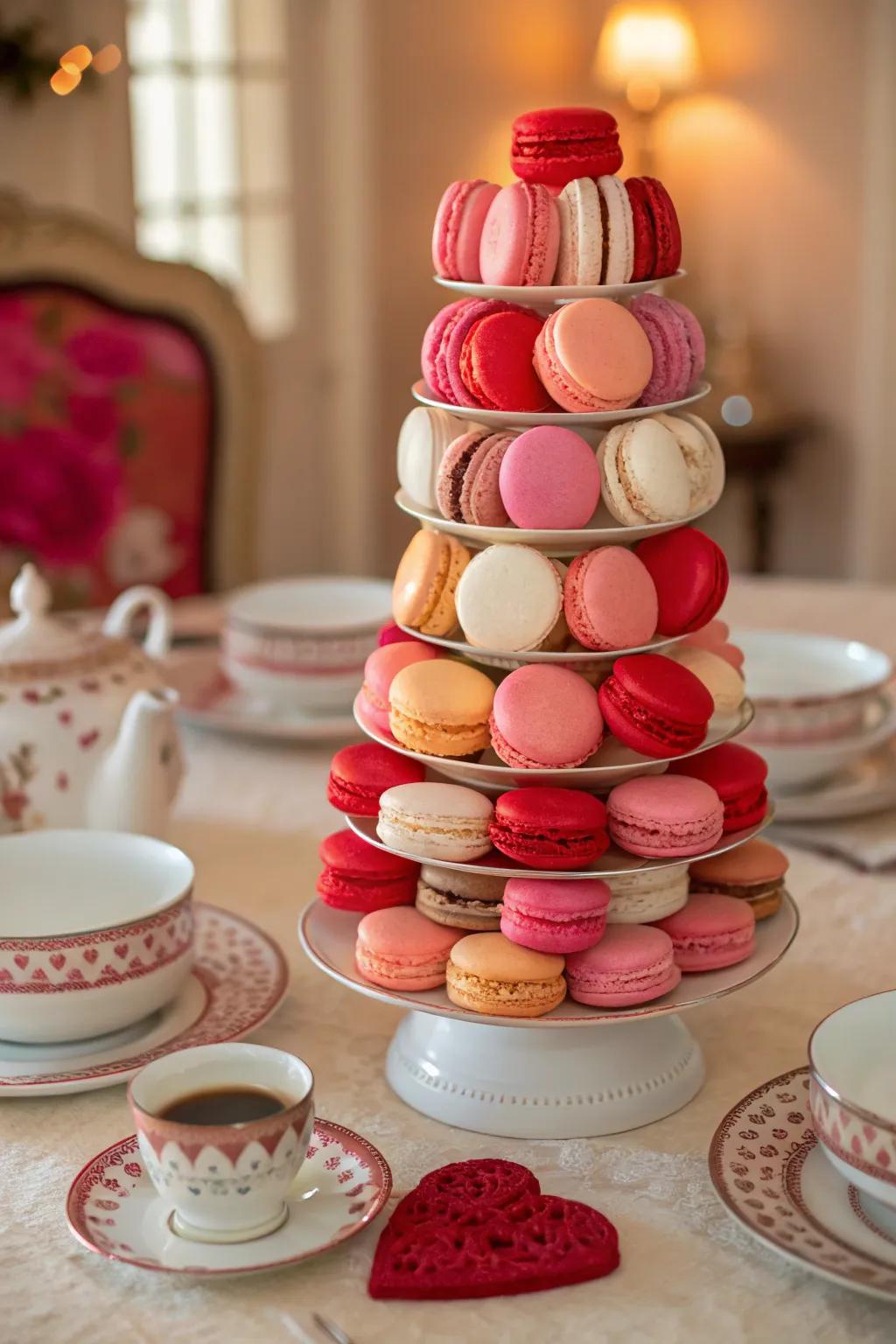 A stunning macaron spire acting as a centerpiece for the tea celebration.