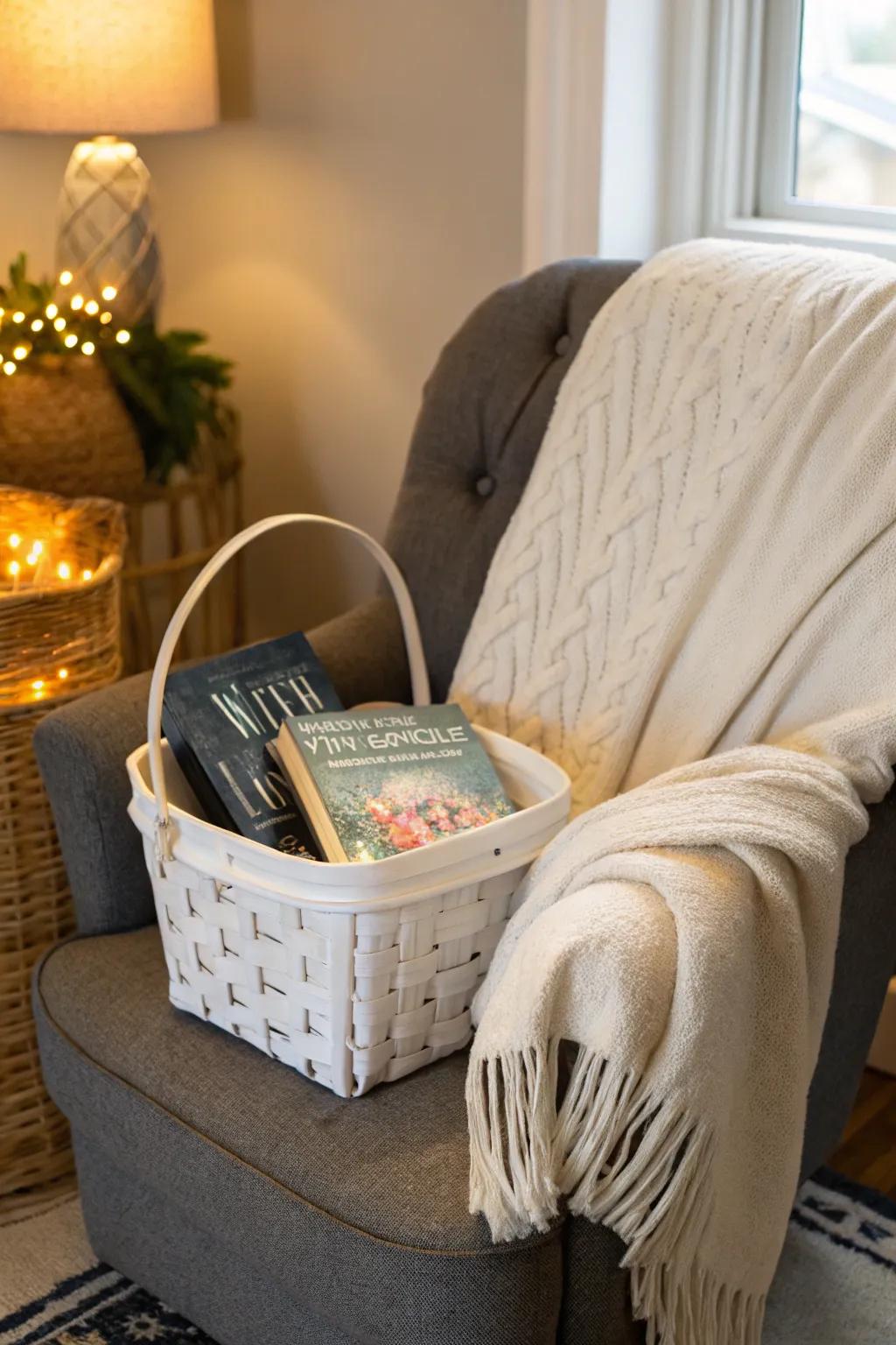 A serene reading nook white gift basket for book lovers.