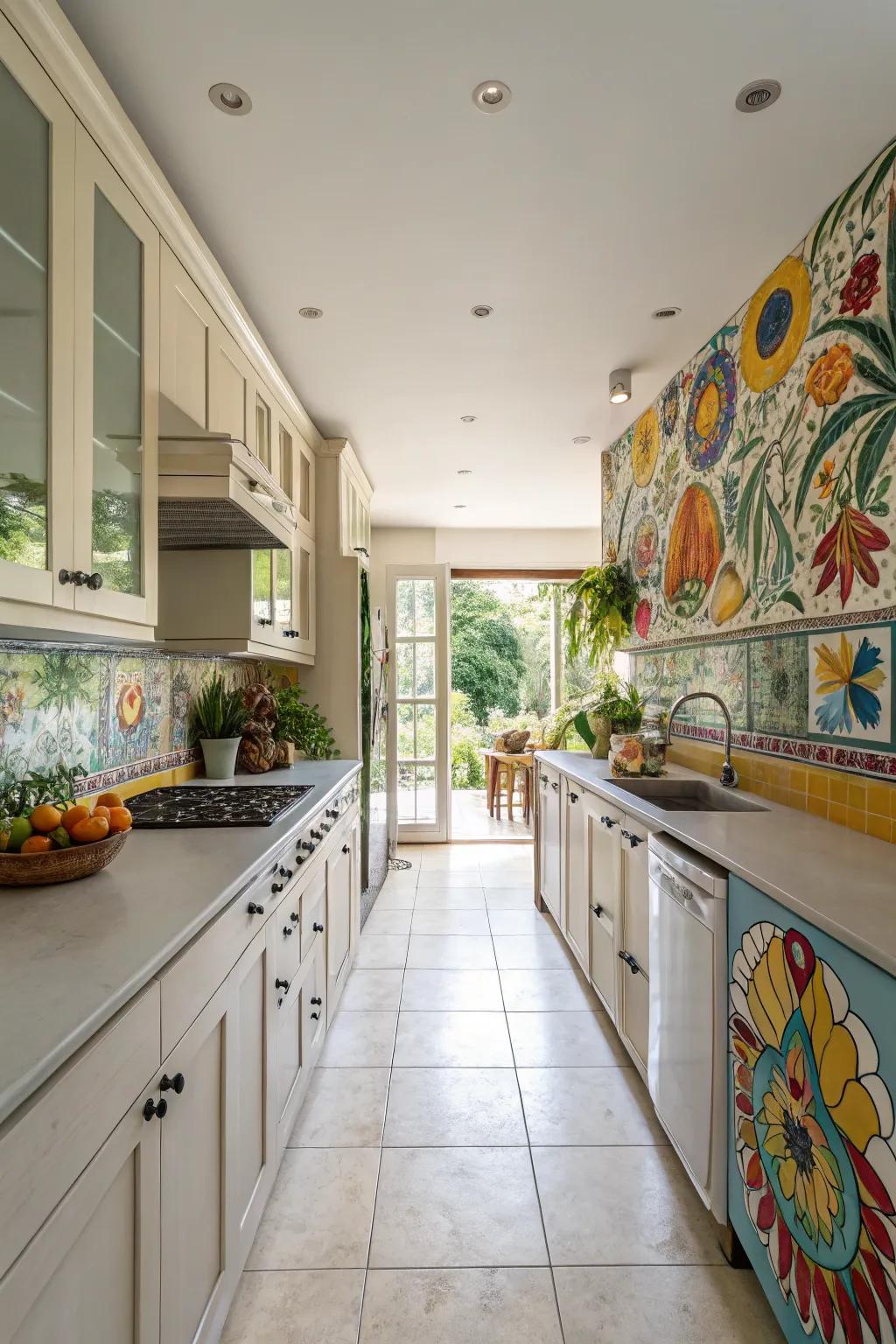 A feature wall contributing a burst of color and shielding in a broad galley kitchen.