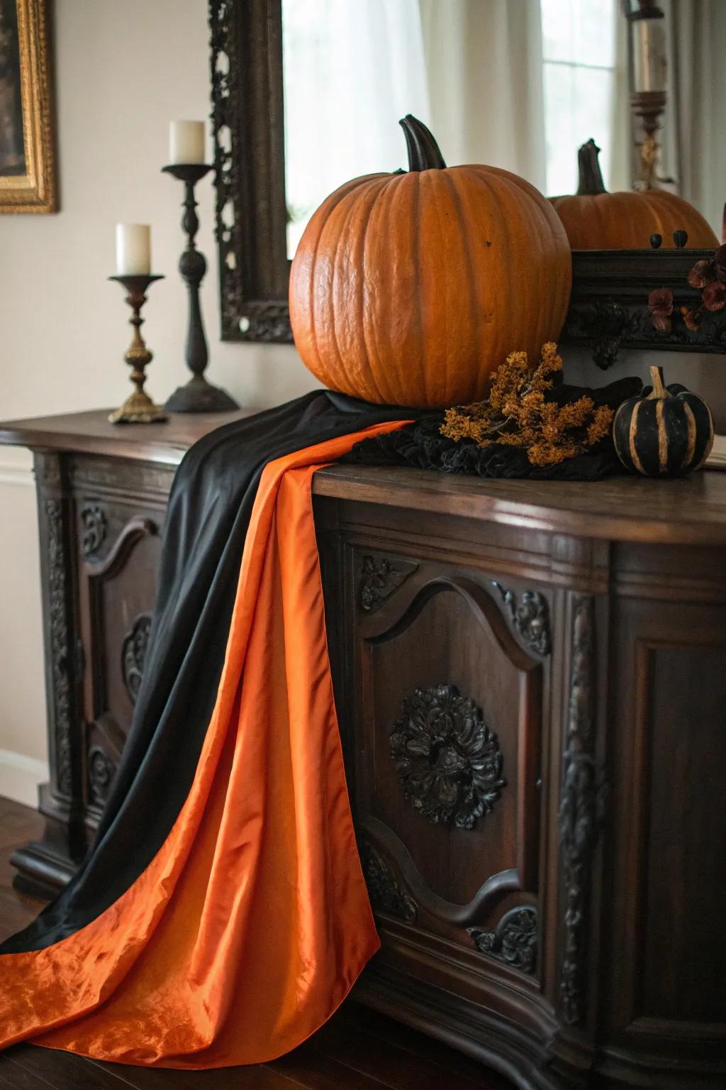 Pumpkin adorned with colorful fabric accents.