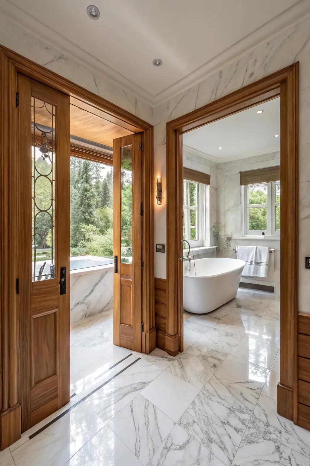 Double doors add a touch of elegance to spacious bathrooms.