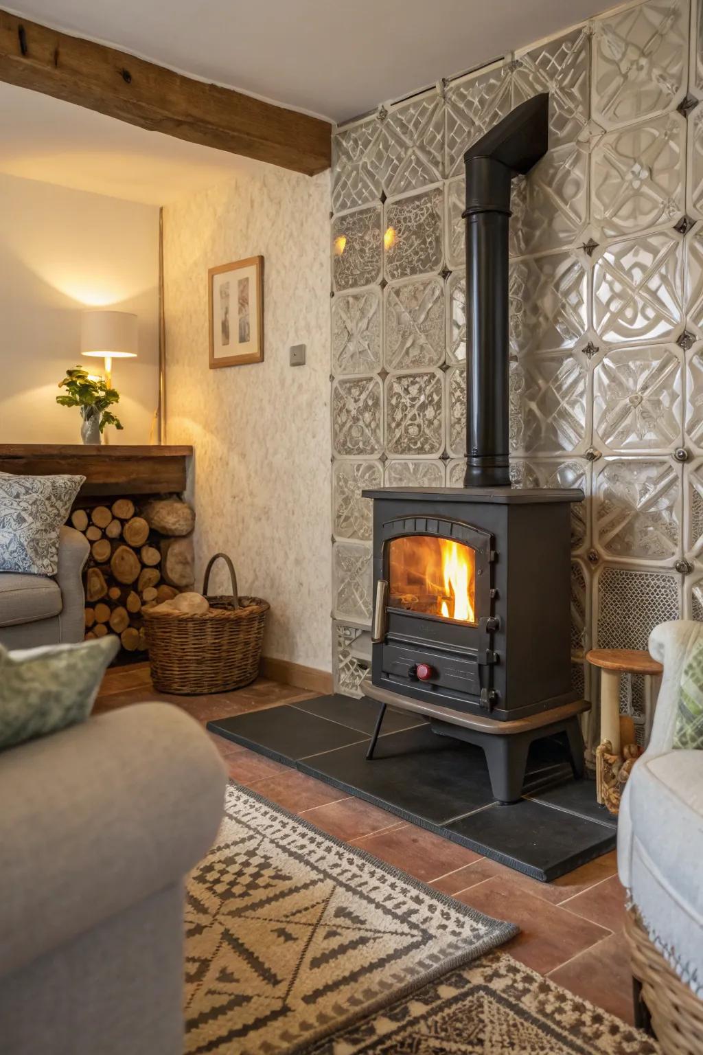 Textured tiles bring depth and interest to your wood heater surround.