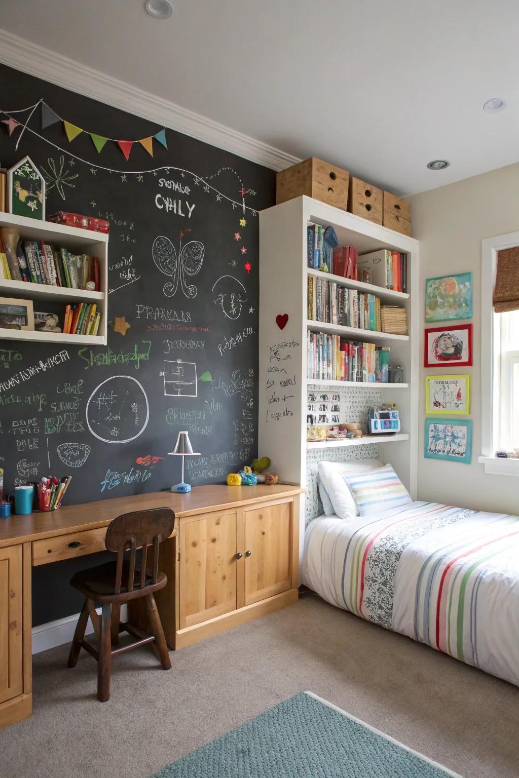 A chalkboard wall encourages creativity and adds an interactive element.