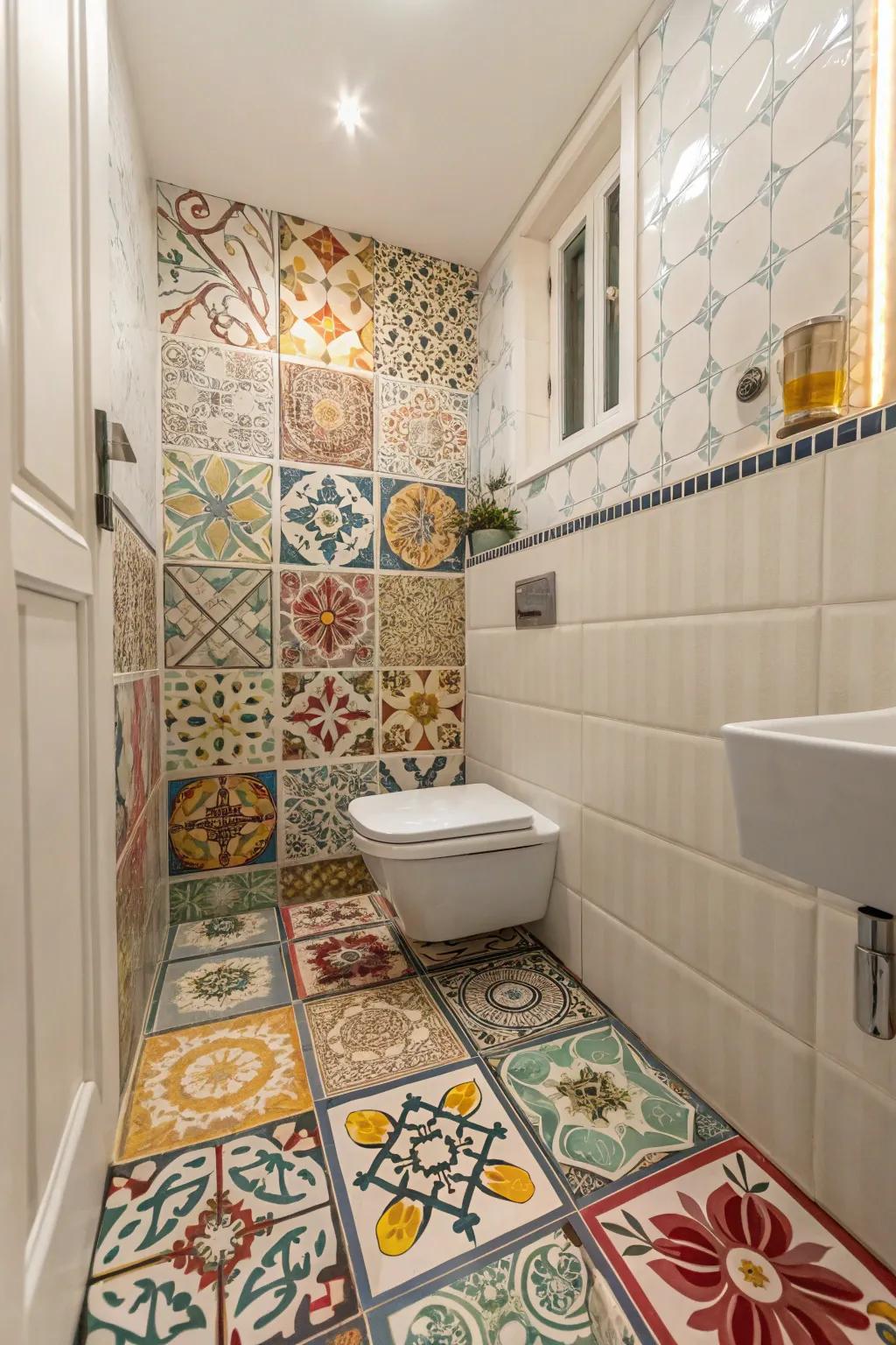 Original tile designs injecting character and texture into the bathroom.