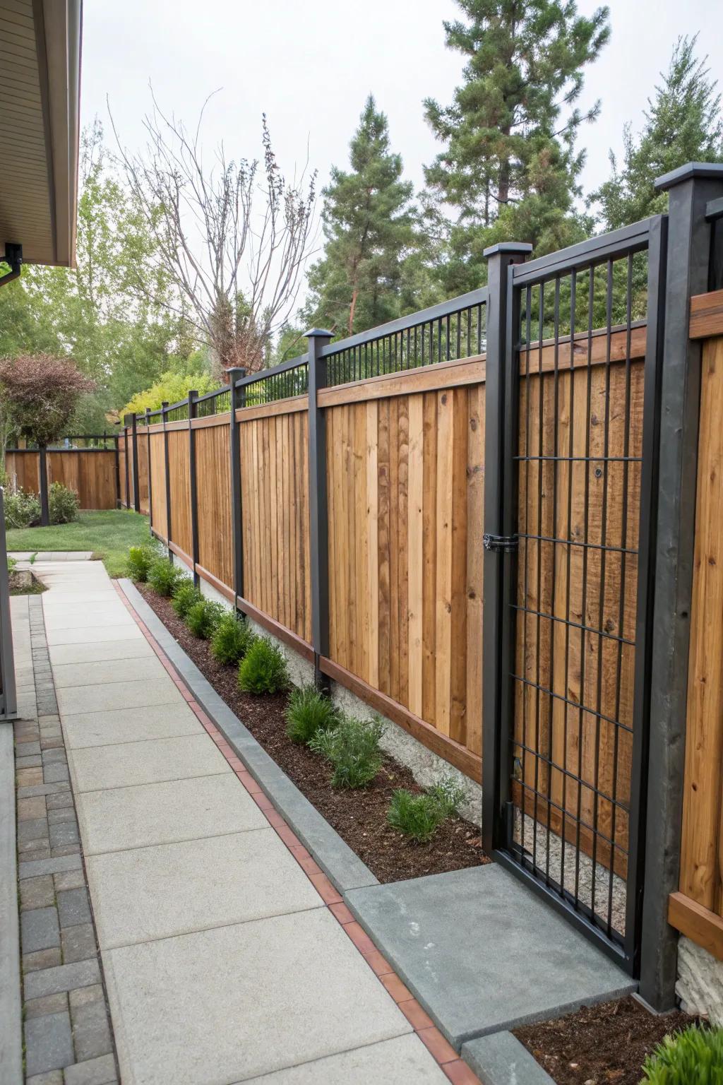 Mixing wood and metal creates a unique textured fence.