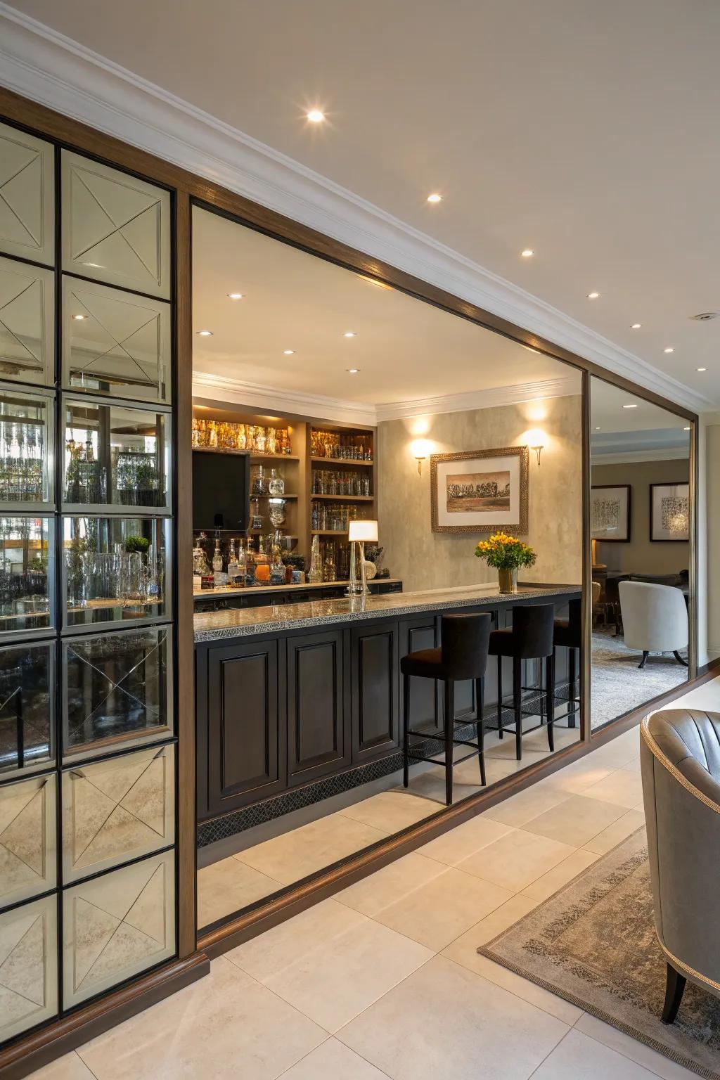 Mirrored panels fashion an illusion of space and inject luxury.