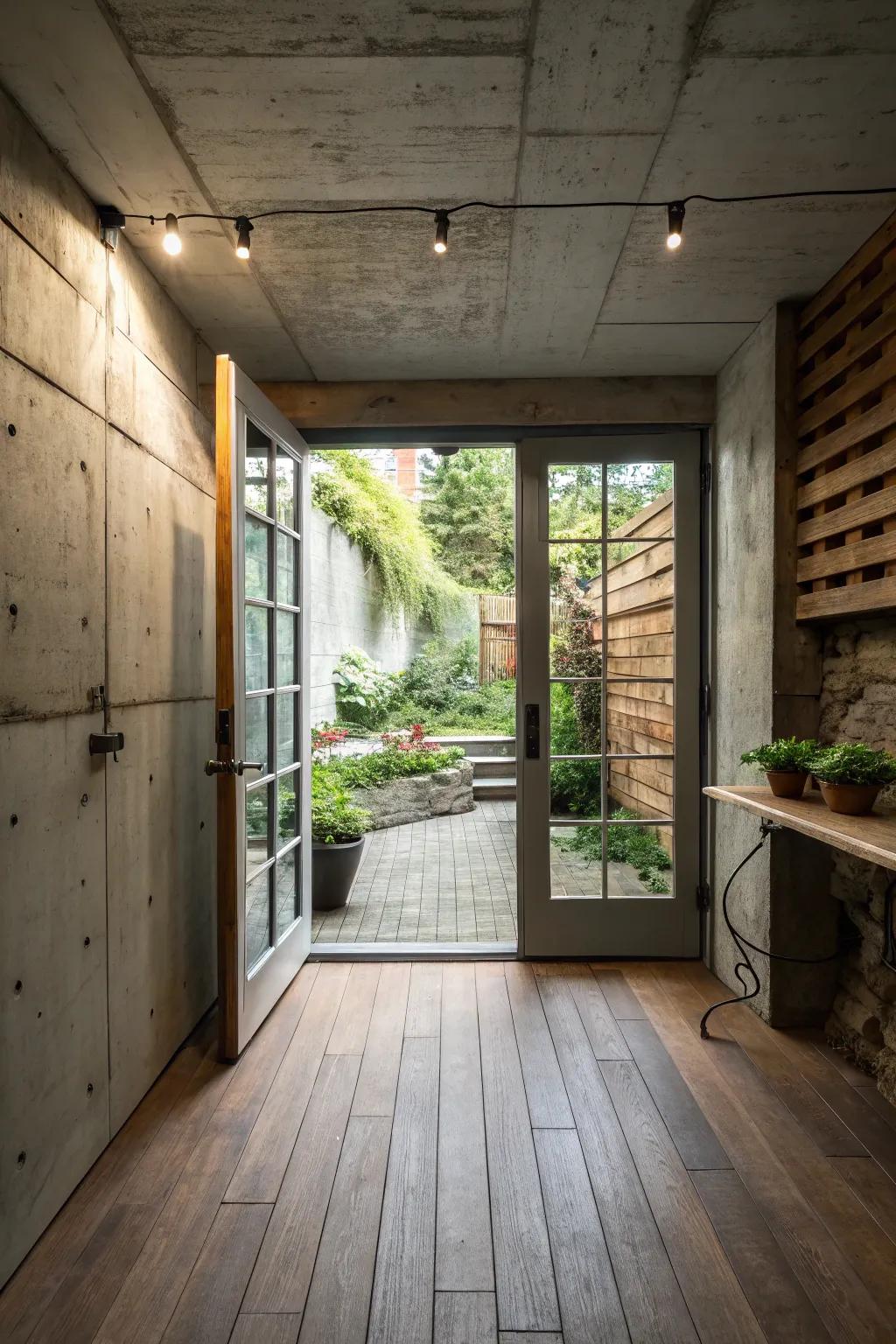 A basement with seamless access to an outdoor patio.