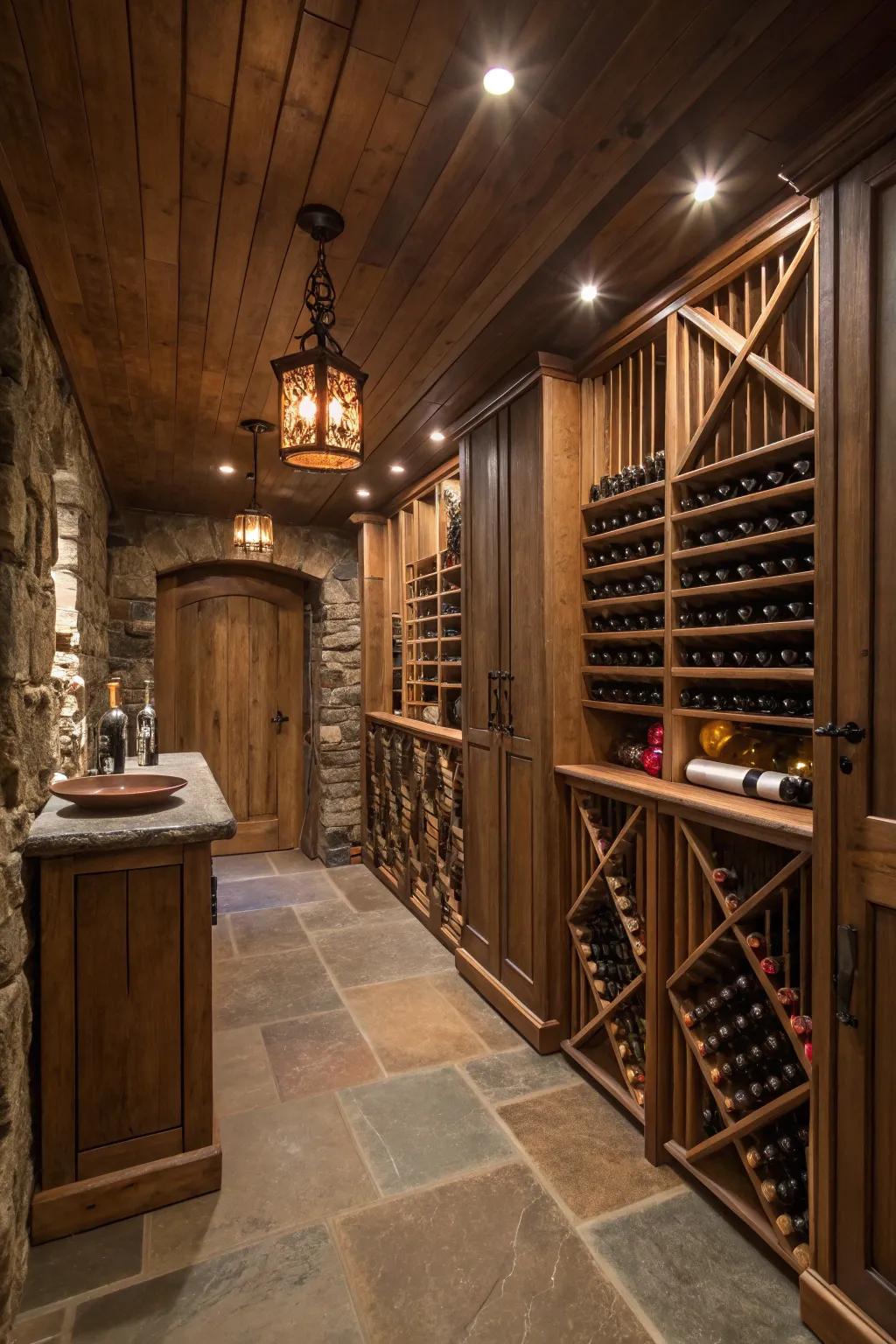 A sophisticated wine cellar in the basement with elegant storage and tasting area.