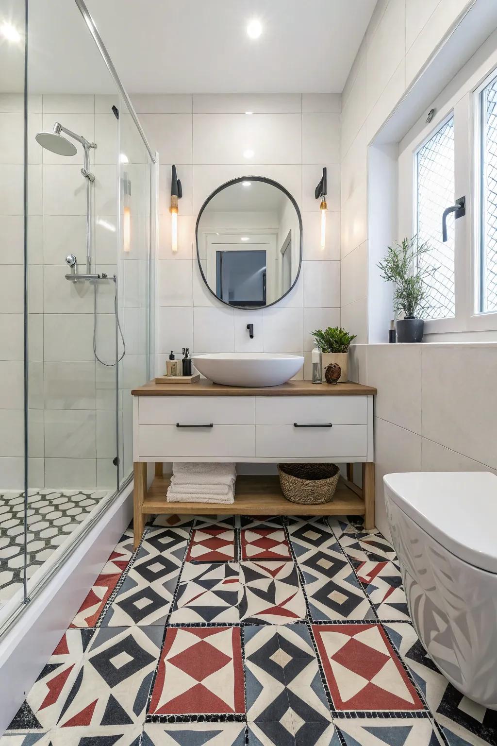 Geometric vinyl flooring brings a bold, artistic flair to this bathroom.