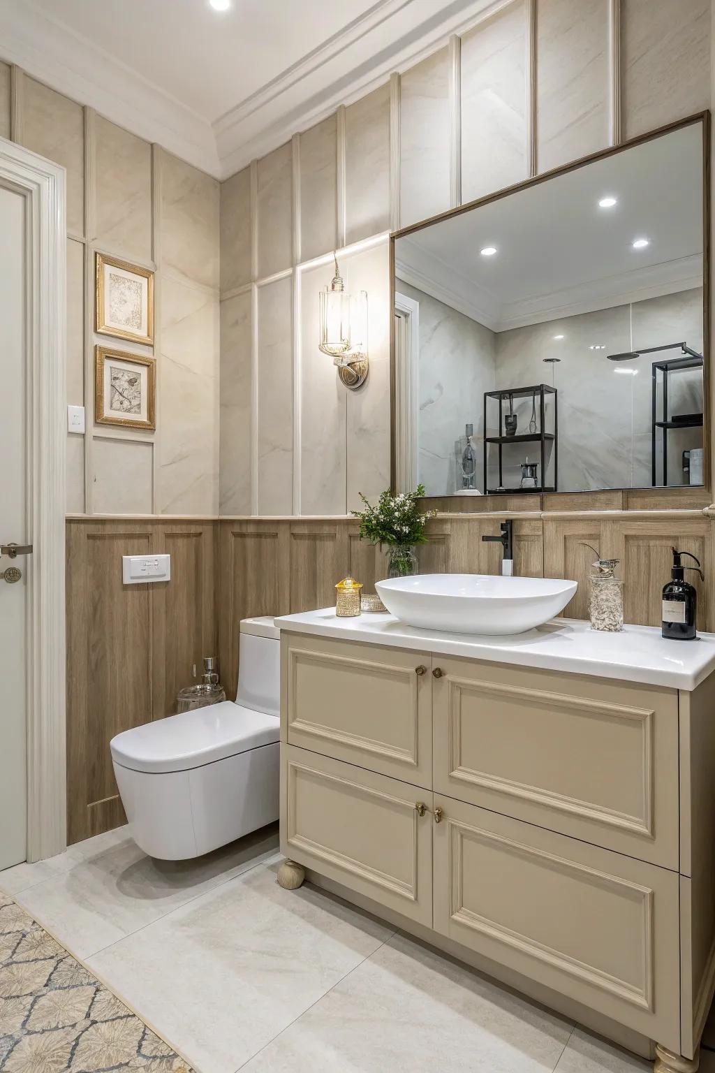 Half wall paneling creates a balanced design.
