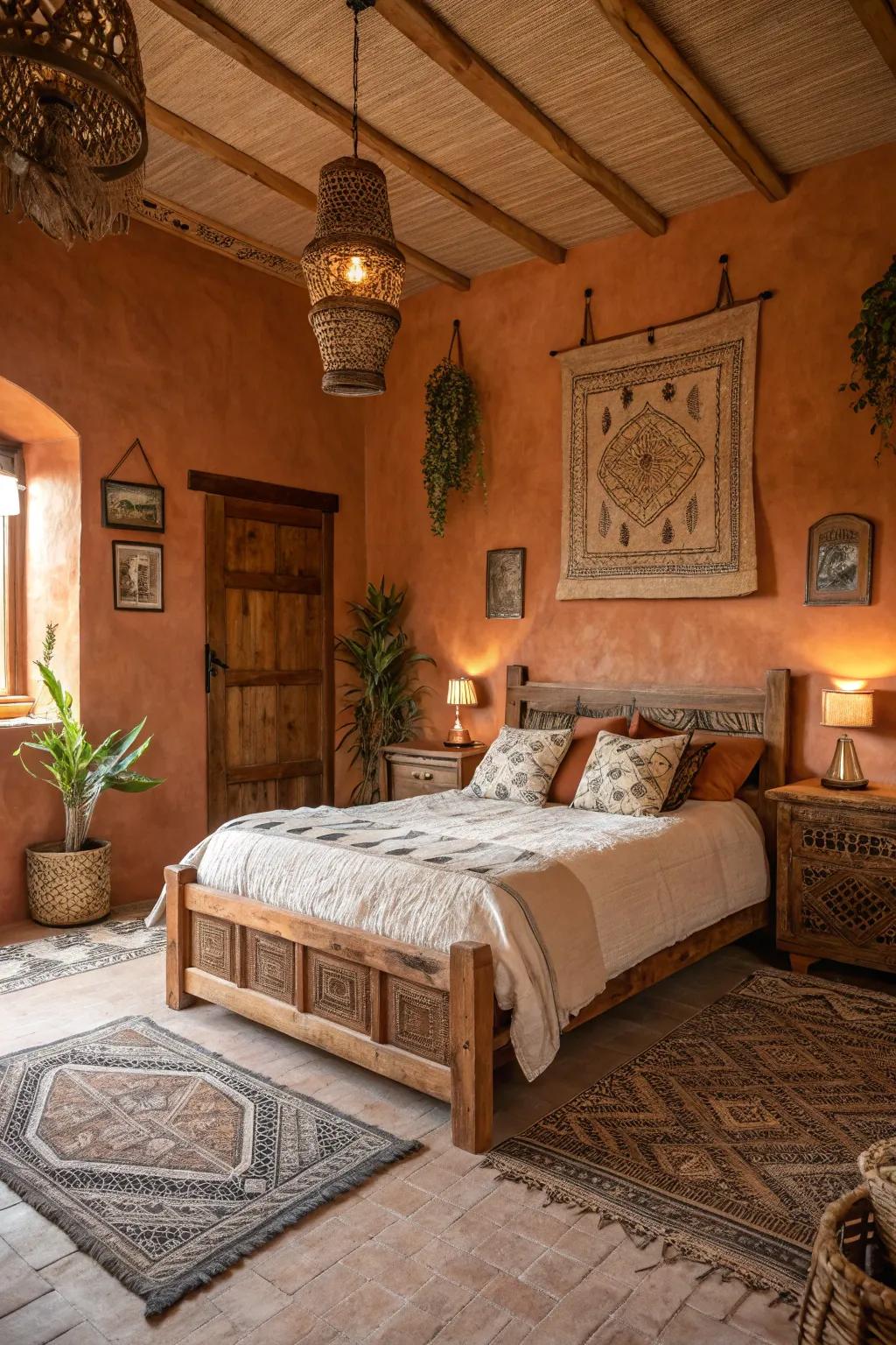 Relish the snug warmth of red clay walls in this welcoming sleeping quarter setting.