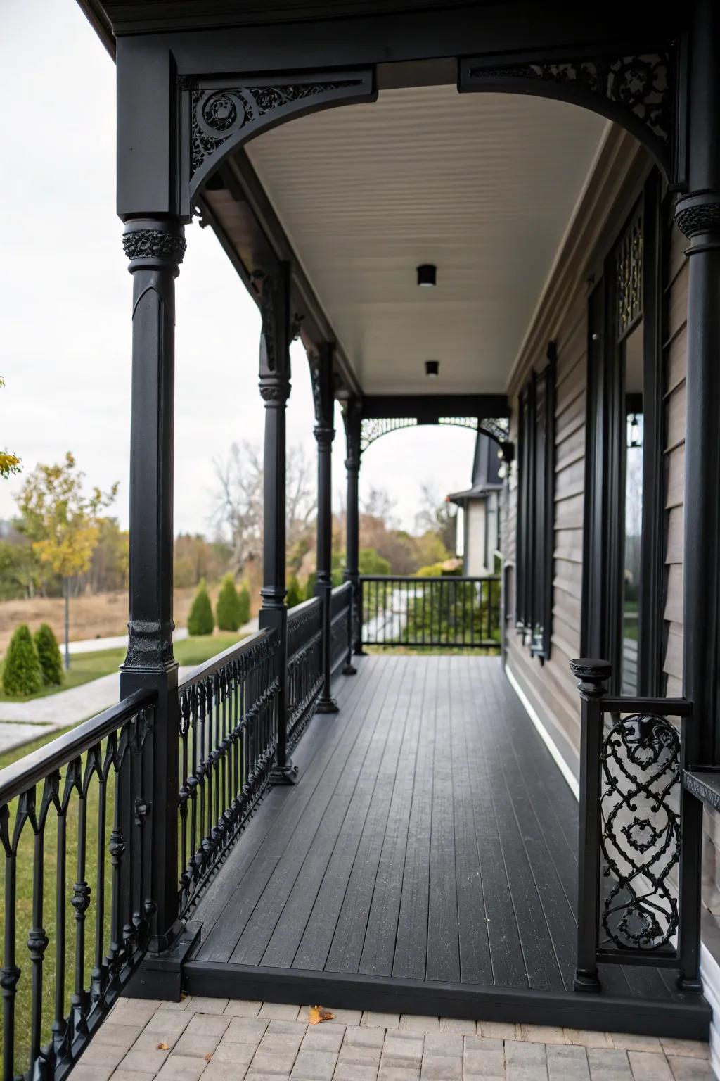 Elegant black railings framing a stylish black porch.