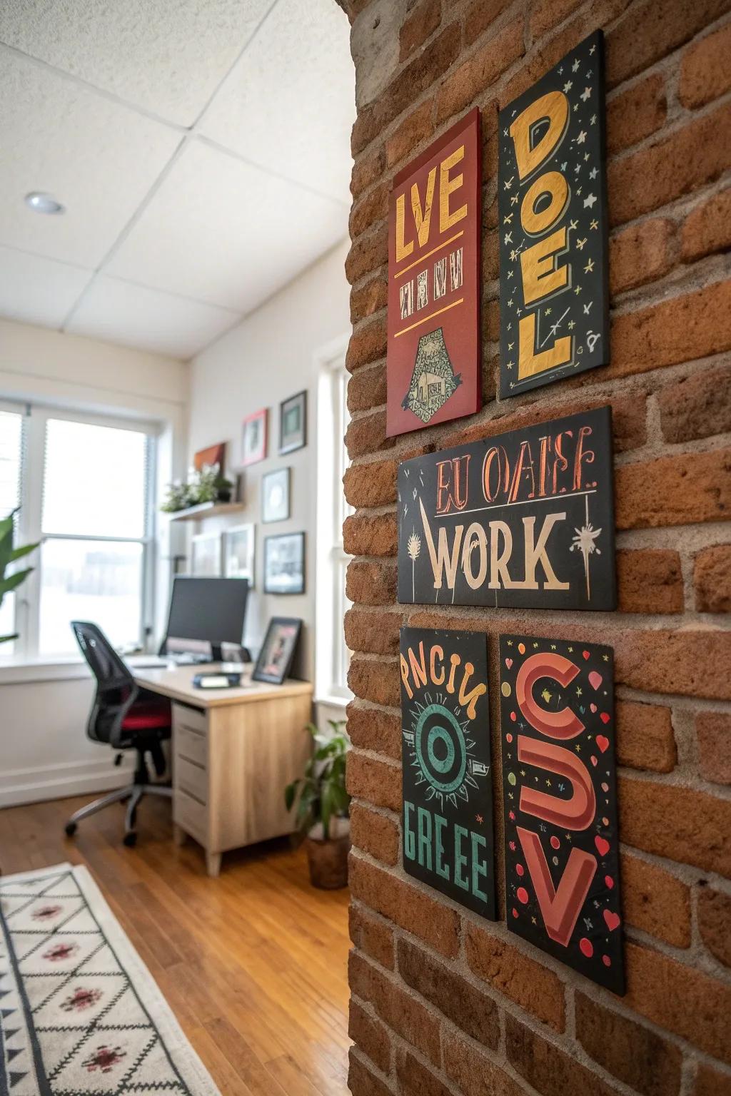 Script art with motivational quotes on a brick wall.