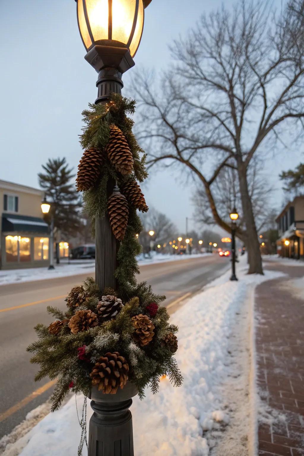 A pinecone cluster brings rustic charm to a lamp post.