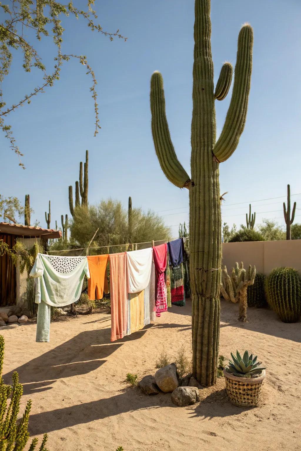 A playful clothesline shaped like a cactus adds a fun twist to your yard.