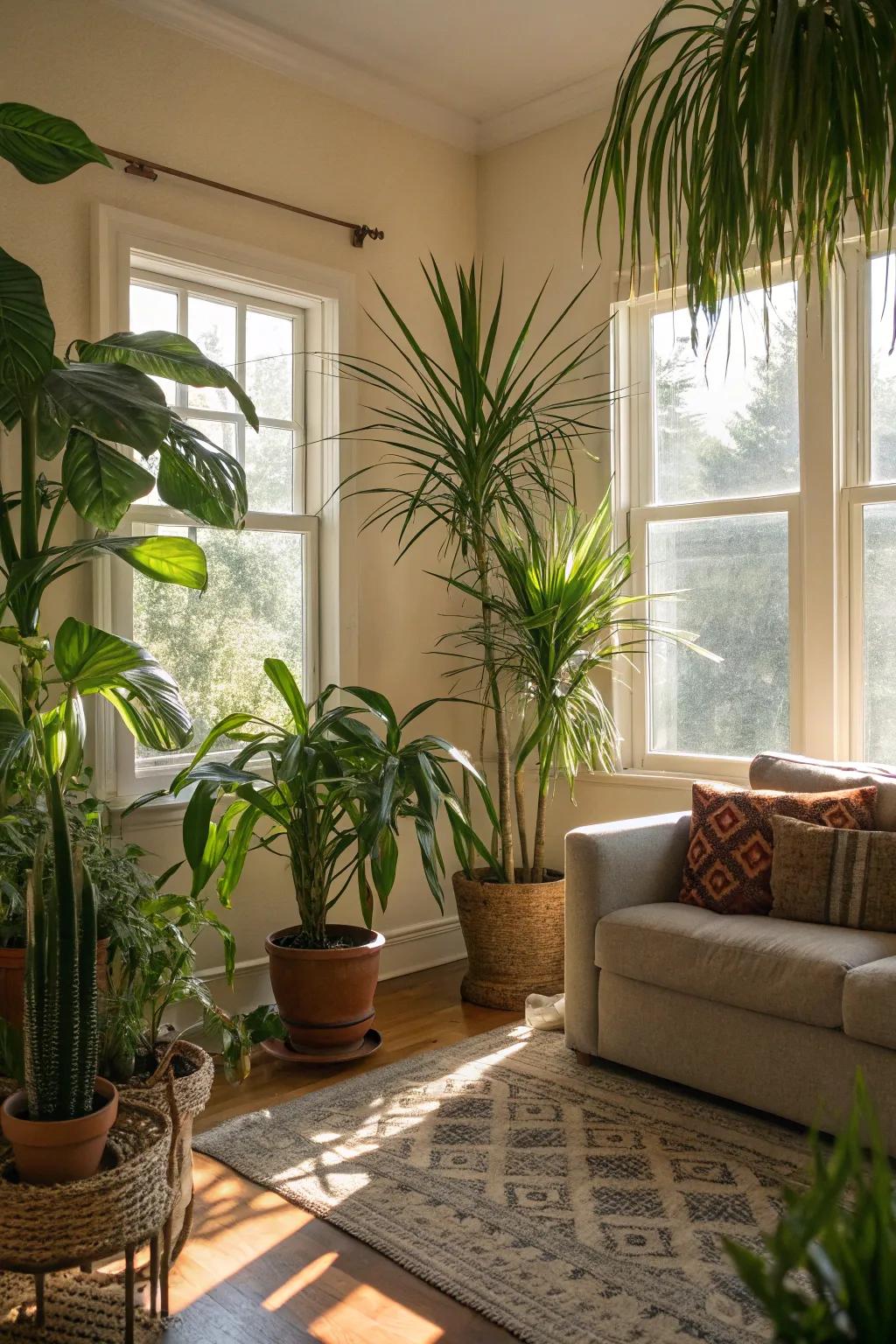 Indoor plants add a lush, tropical element.