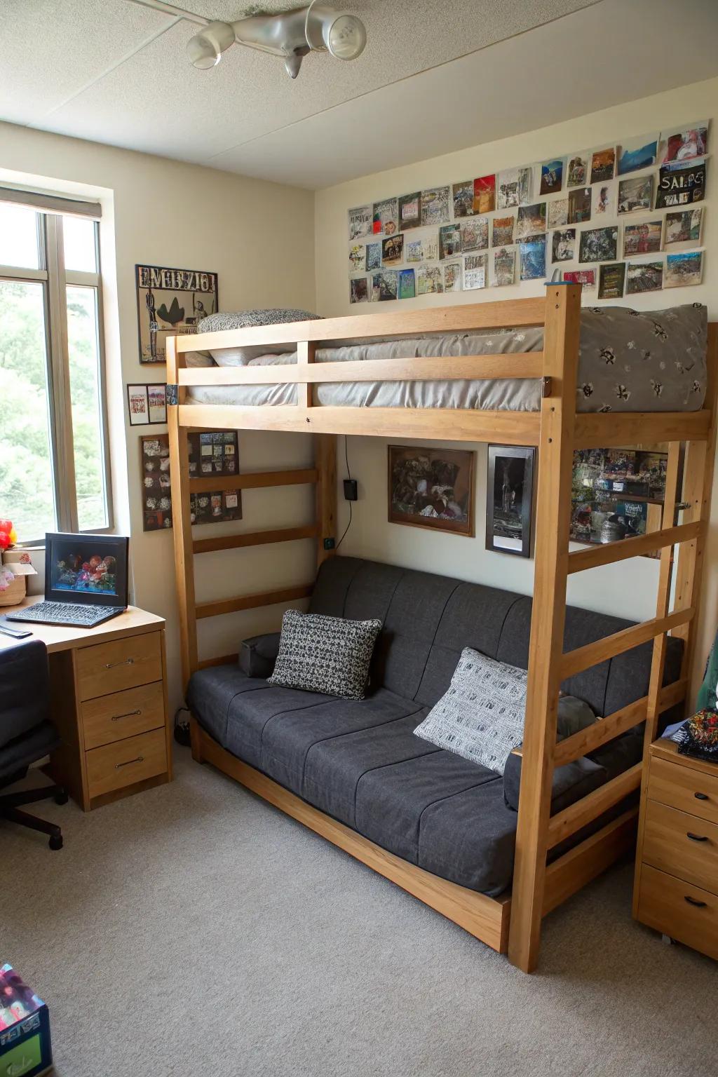 A futon under the loft bed adds seating and sleeping space.