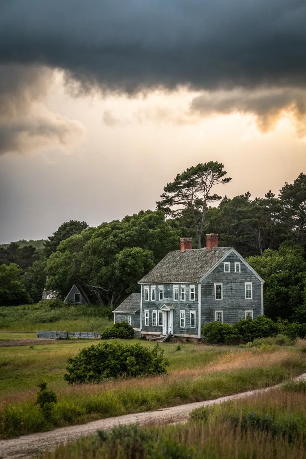 A colonial home with a tempestuous gray façade, merging seamlessly with its setting.