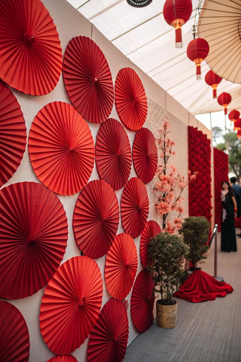 A creative scarlet paper circle display backdrop for memorable snapshots.