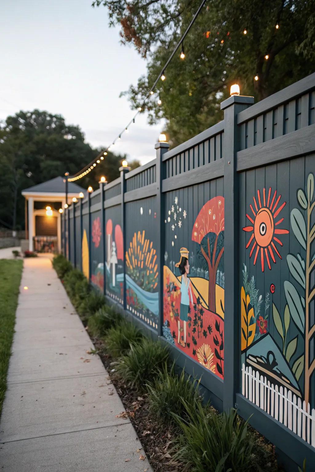 A dark grey fence serves as a striking canvas for a colorful mural.