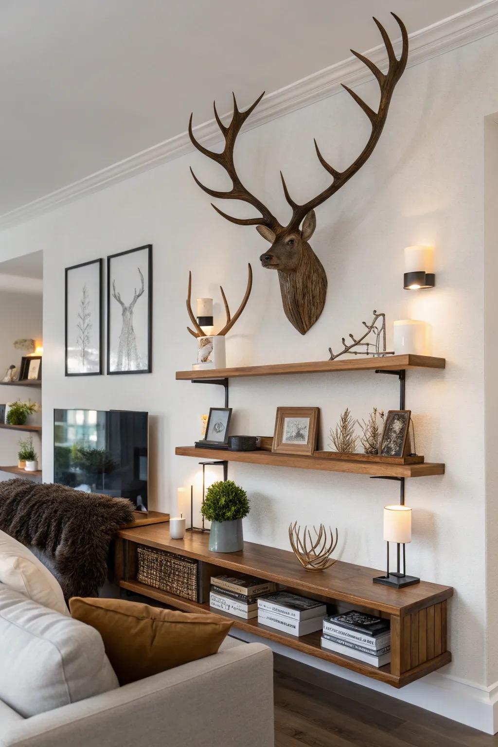 A floating shelf artfully displays deer antlers and decorative items in a modern living room.