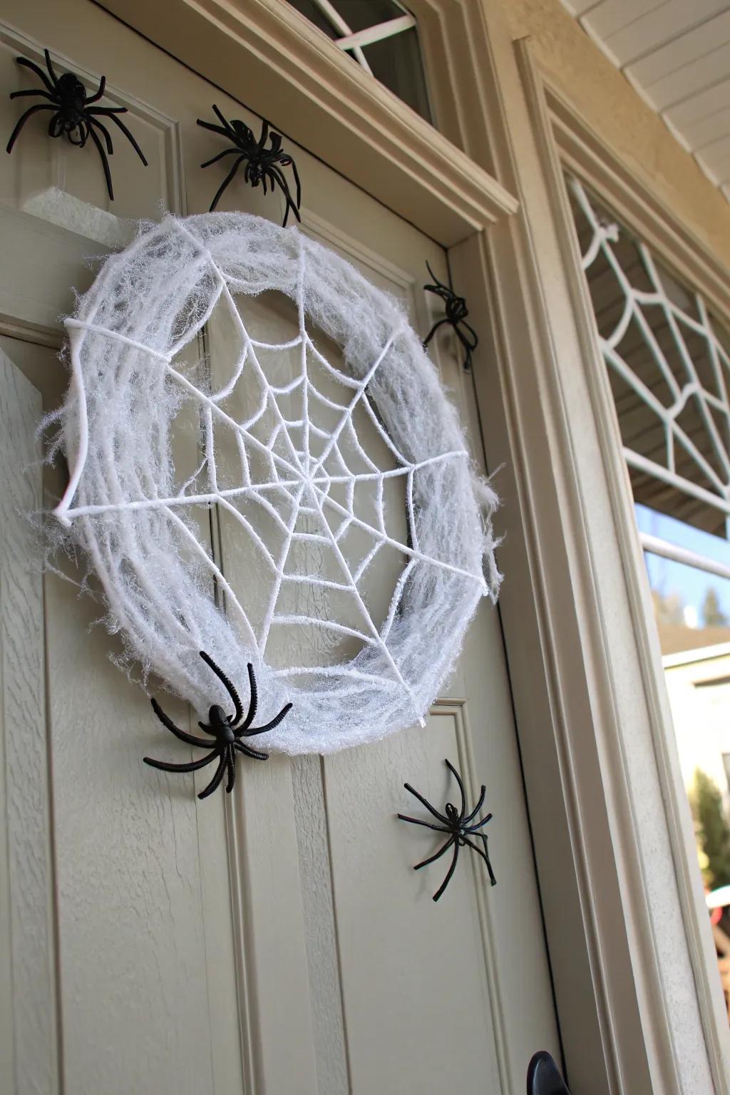 A chic and spooky spiderweb wreath for Halloween.