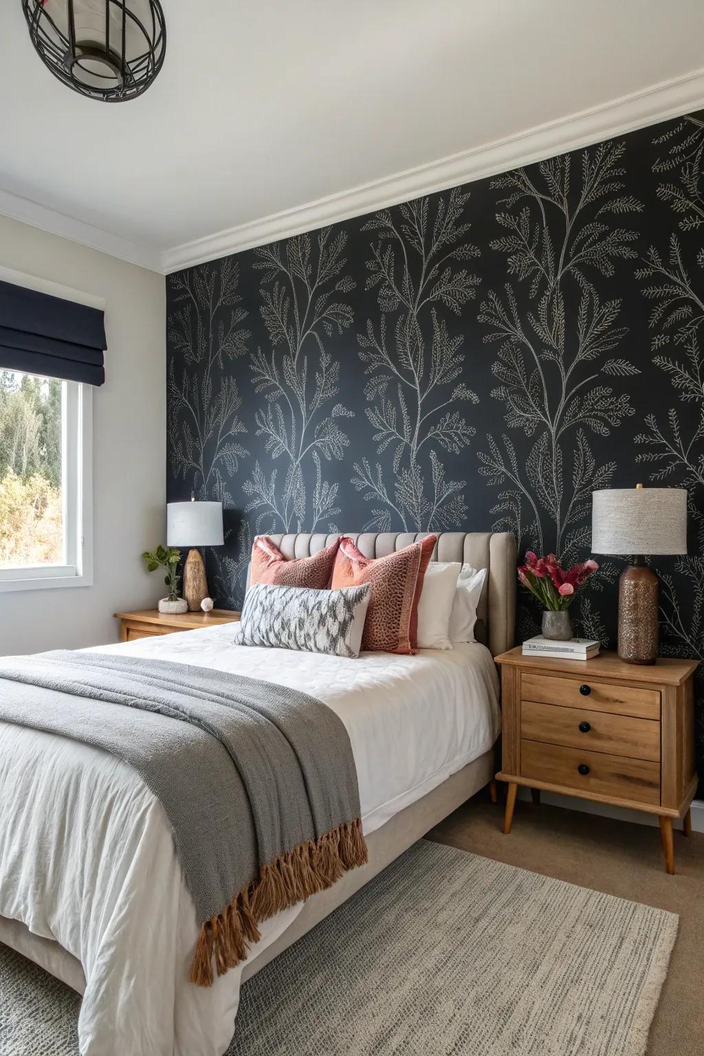 An accent wall with bold wallpaper adds a striking focal point.