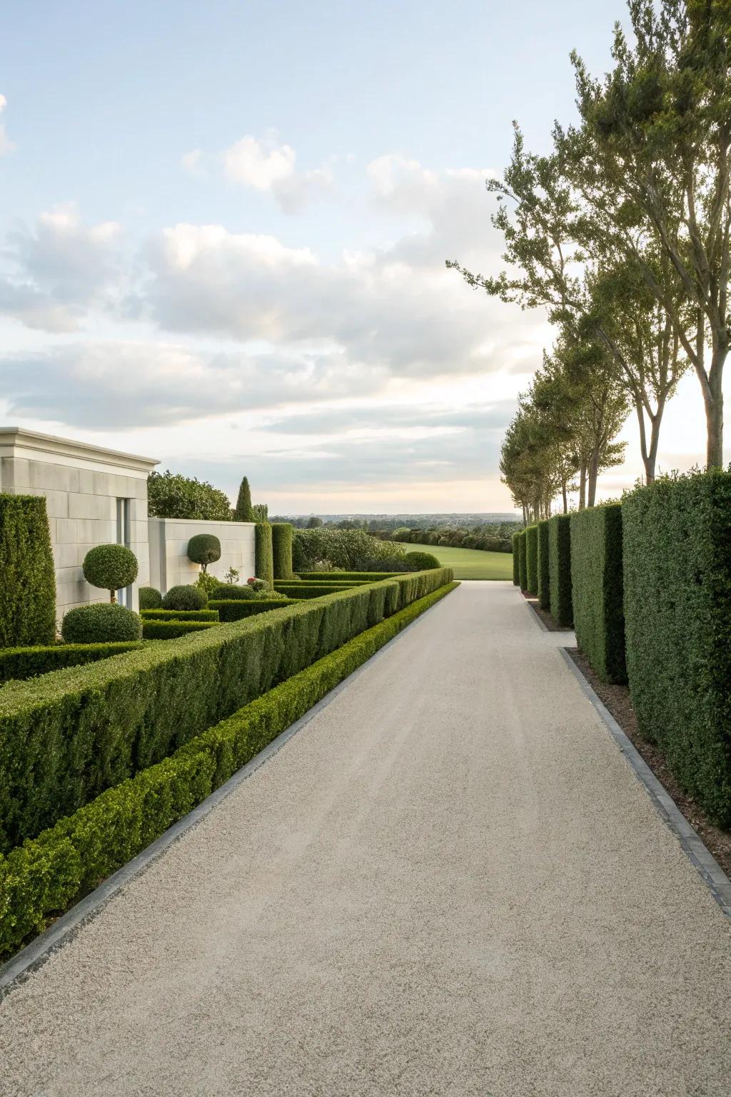 Minimalist hedges providing a clean and calming driveway border.