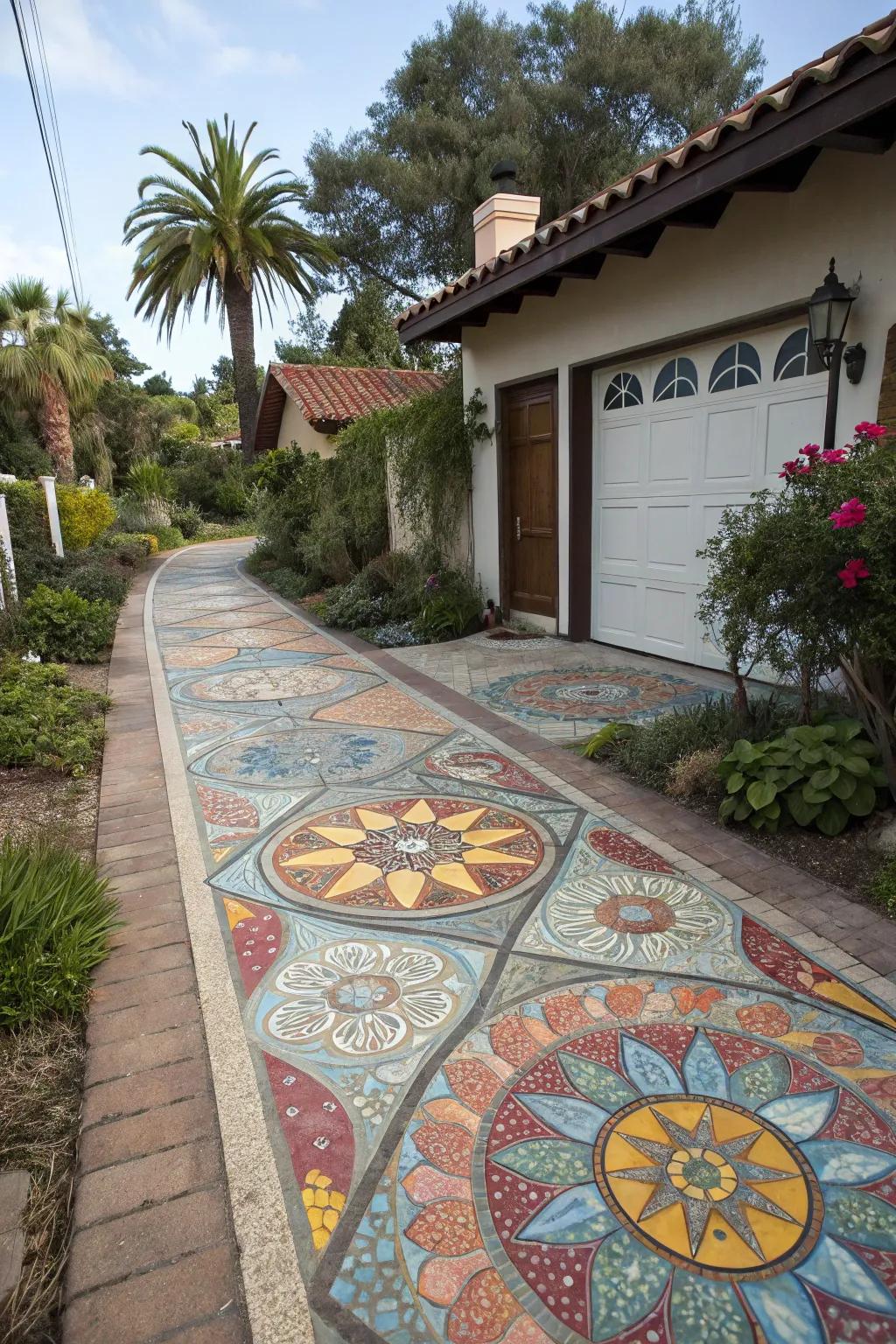 Artistic mosaic tiles turn your driveway into a masterpiece.