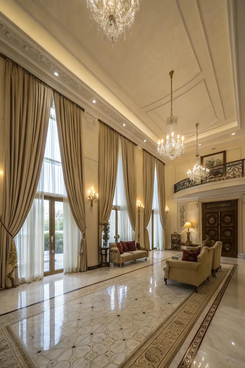 Ceiling to floor curtains create a dramatic and grand effect.