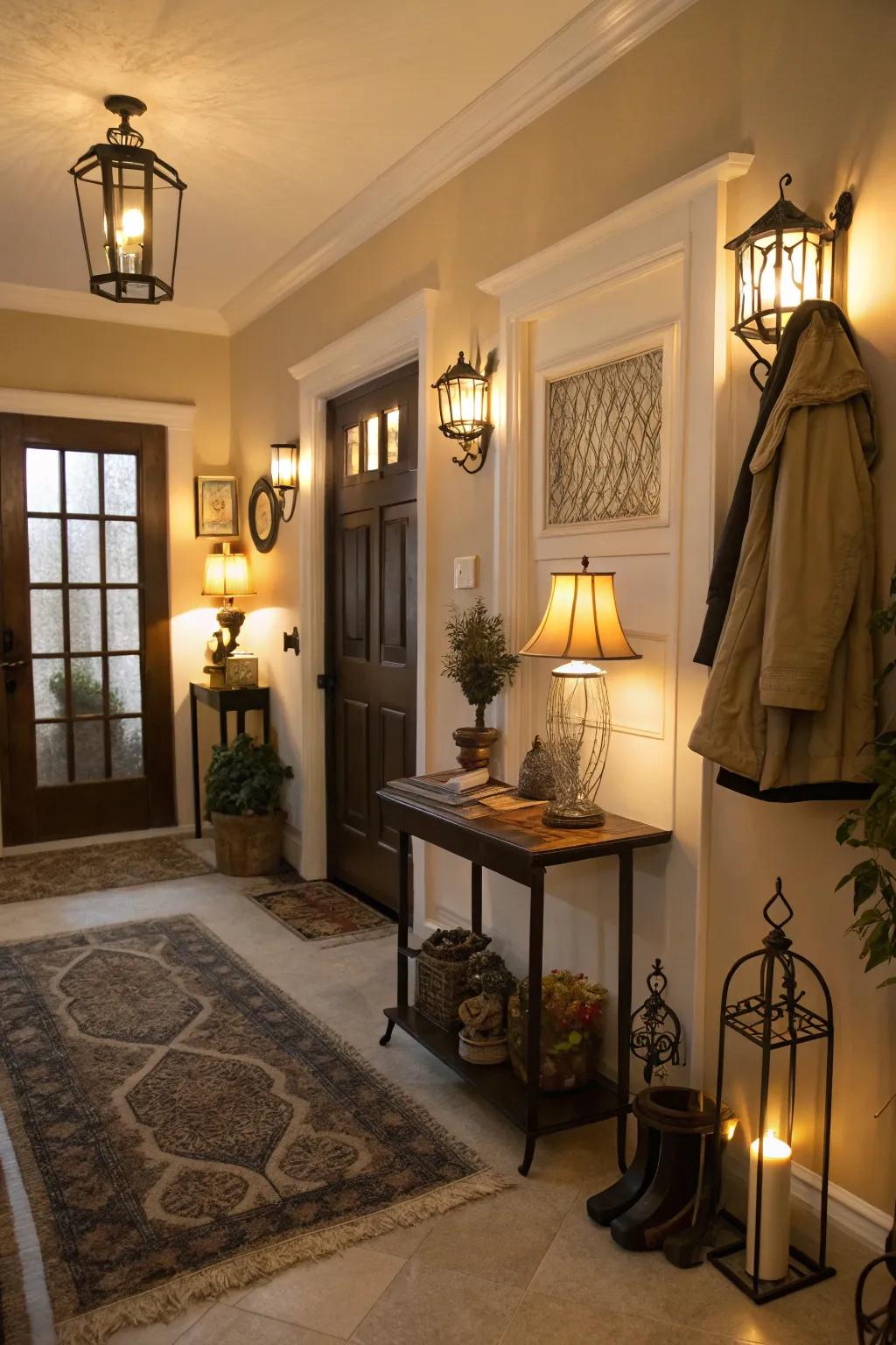 Warm lighting makes this foyer feel inviting and cozy.