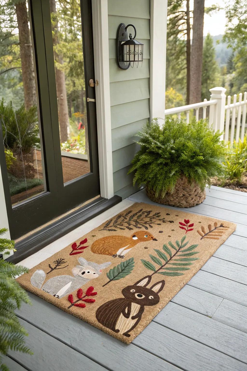 Whimsical doormat featuring charming woodland animals.