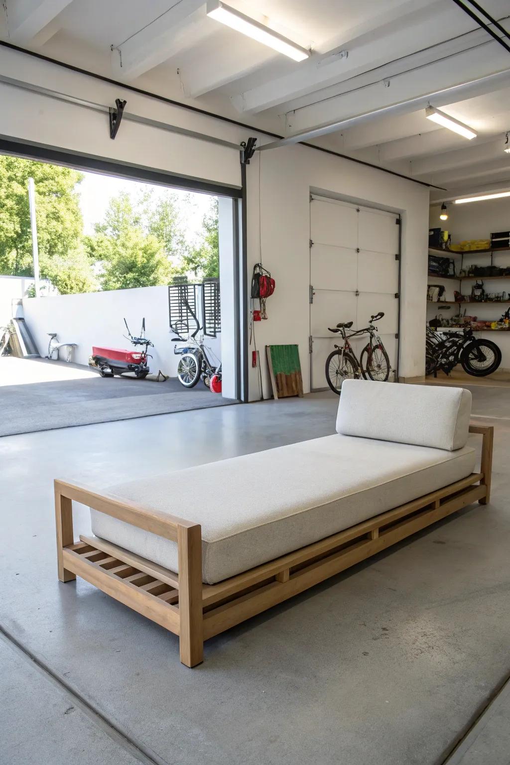 A minimalist daybed offers a sleek and serene addition to any garage.