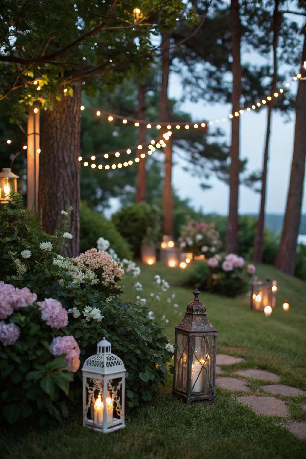 An enchanting garden atmosphere created with decorative lighting.