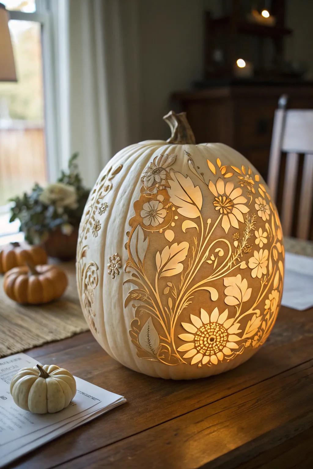 An elegant floral fantasy pumpkin, adding sophistication to Halloween decor.