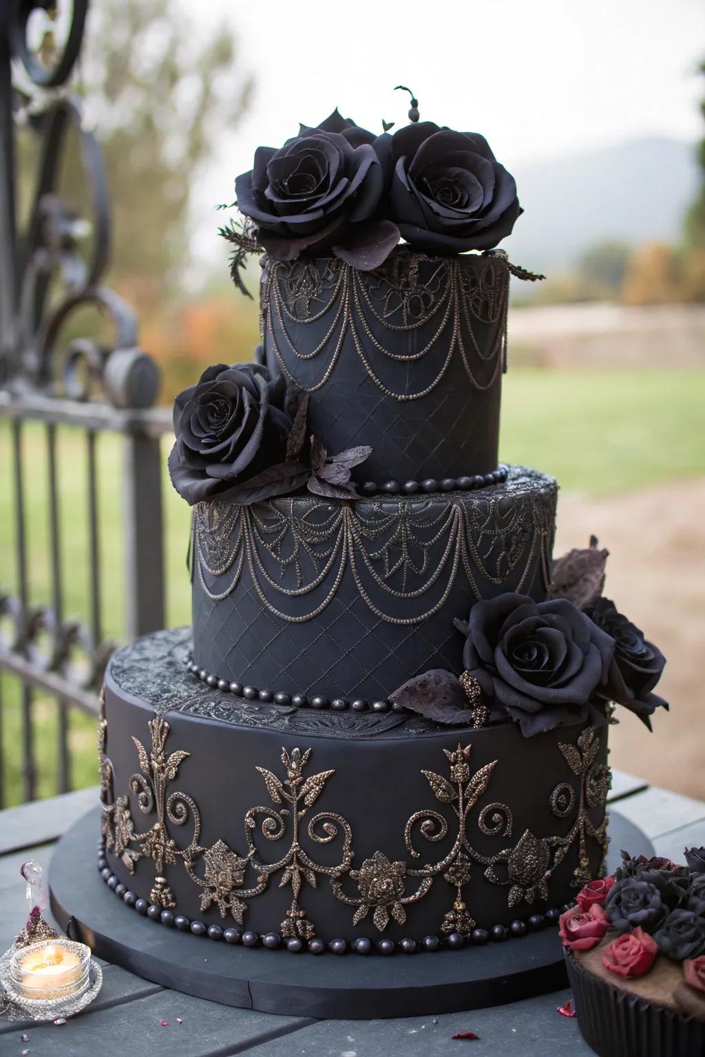 A gothic wedding cake adorned with black roses and intricate designs.