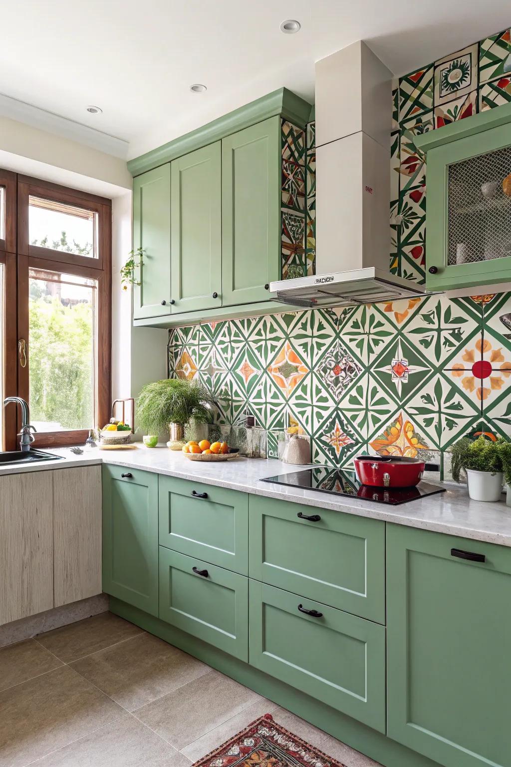 A bold backsplash creating a focal point in a green kitchen.