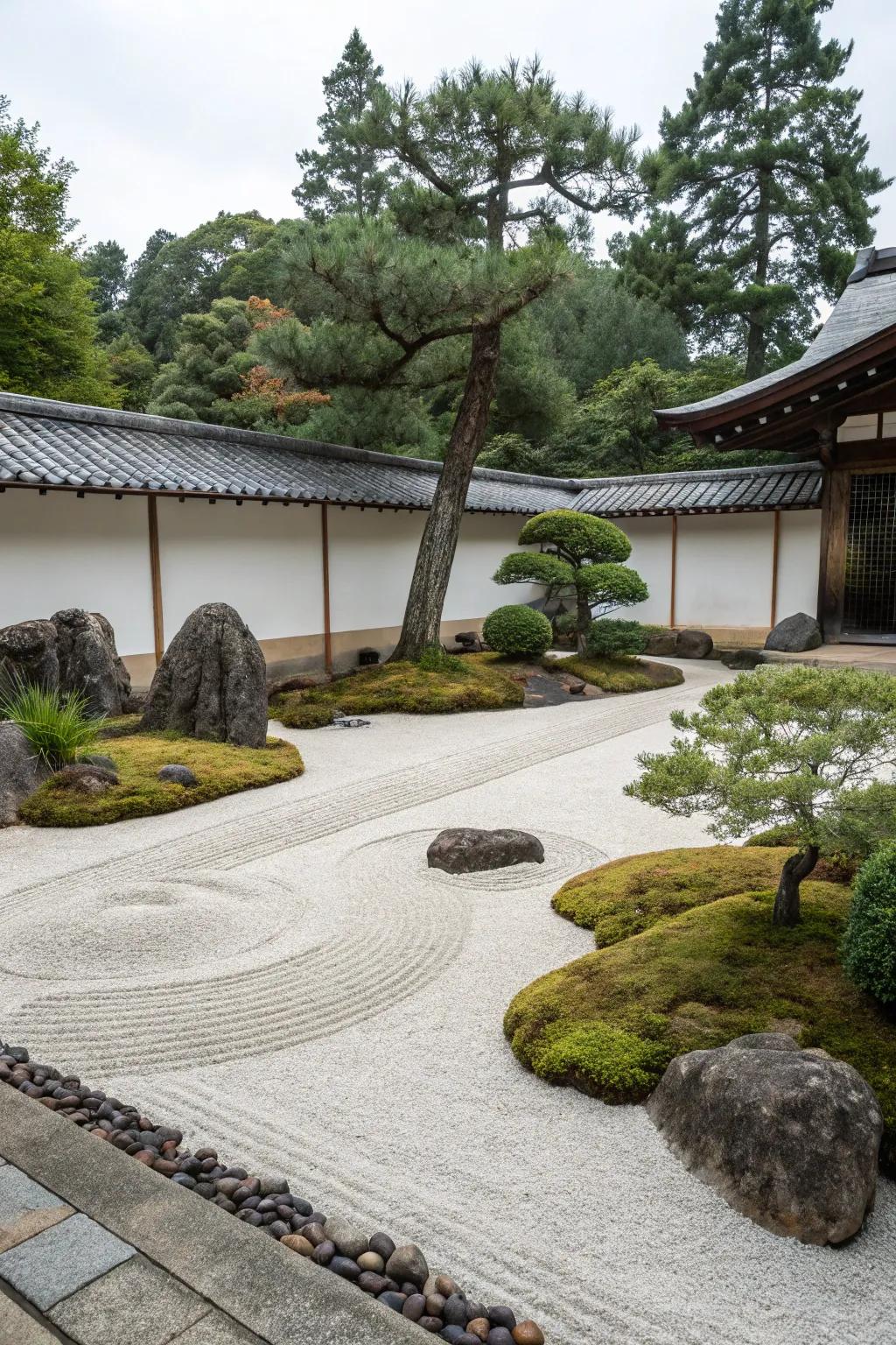 A minimalist Zen garden, radiating calm through clean patterns and understated beauty.
