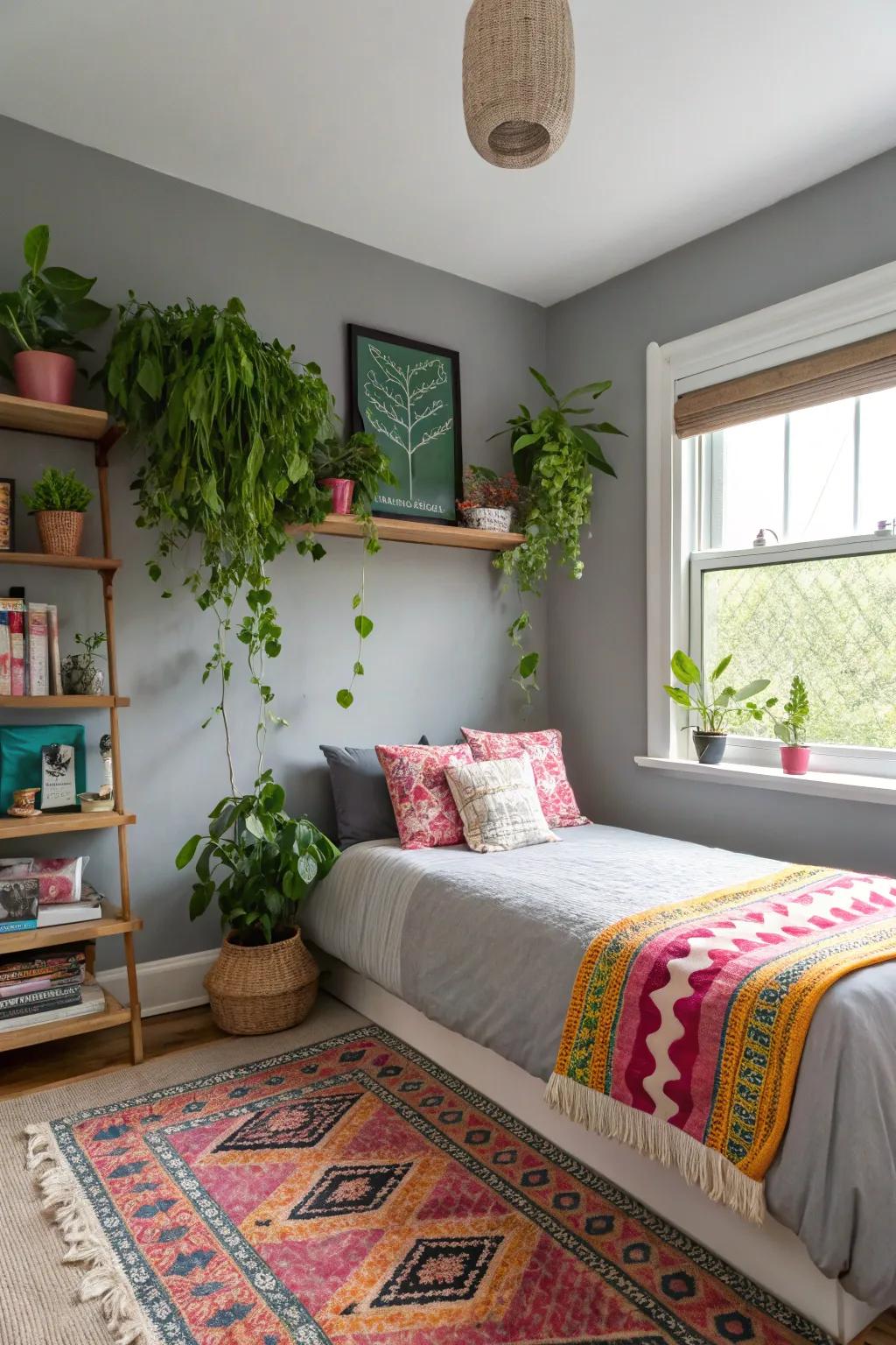 Flora enlivens this bedroom with a grey feature wall.