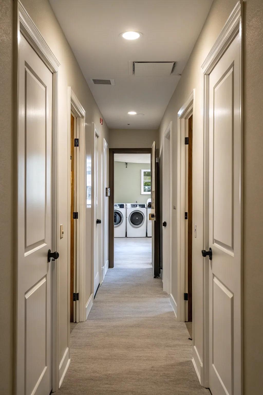 Solid core doors help maintain a quiet atmosphere by dampening laundry room noise.