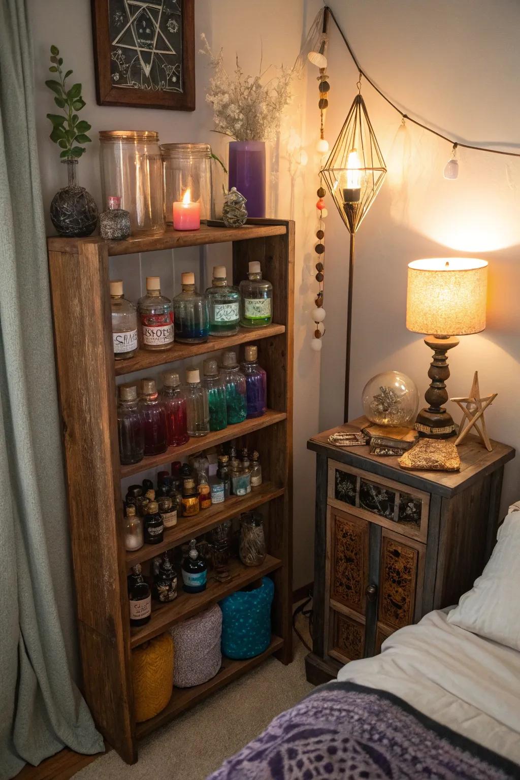 Apothecary displays add a witchy touch.