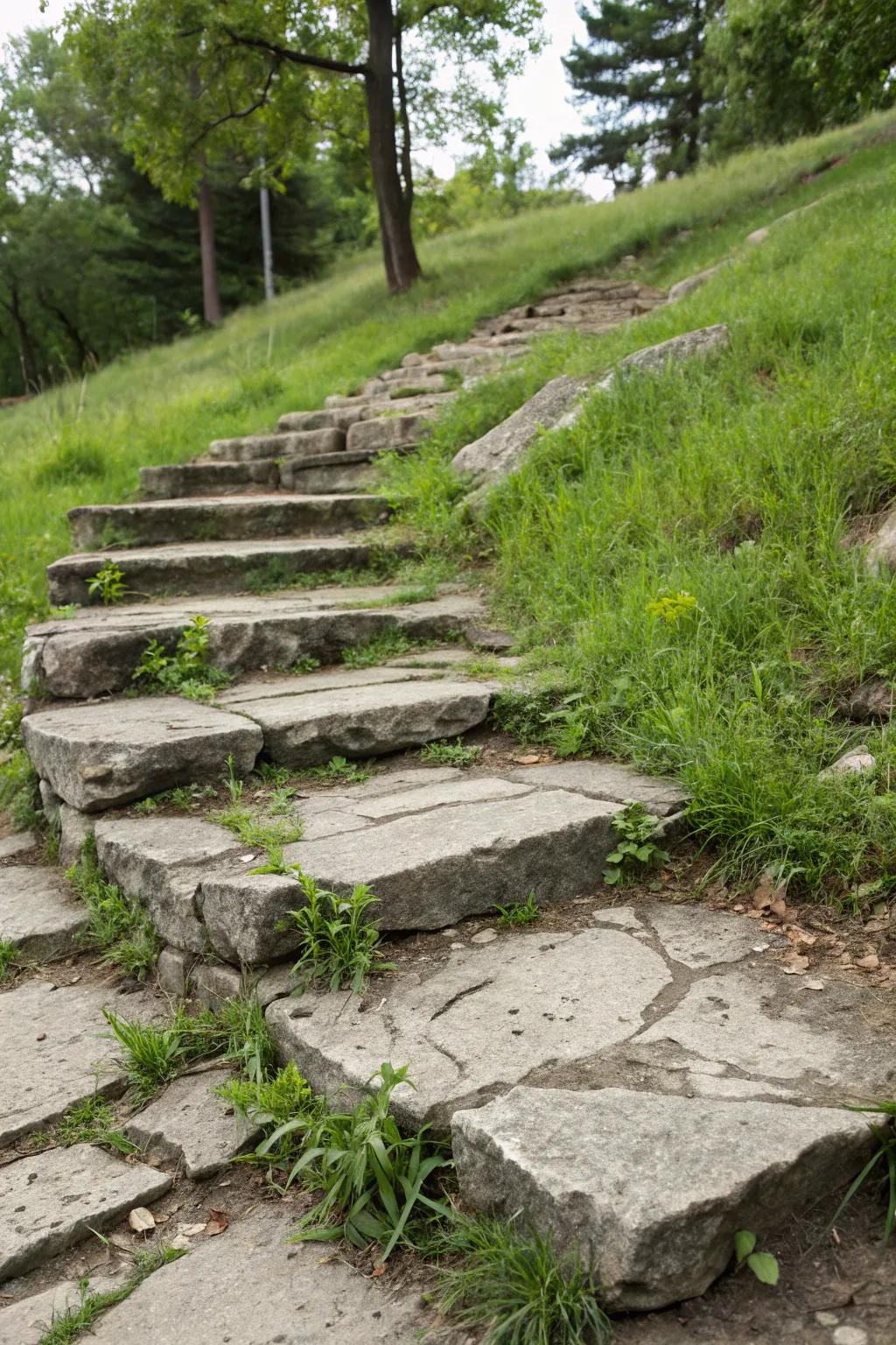 Recycled concrete steps offer sustainability and style.