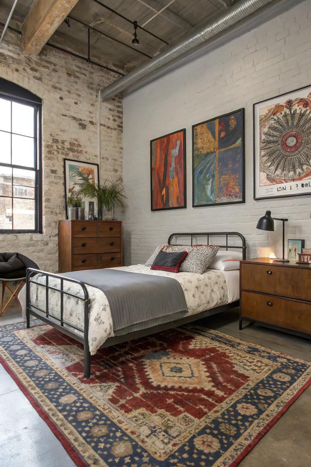 Unique decor items infuse personality into this industrial bedroom.