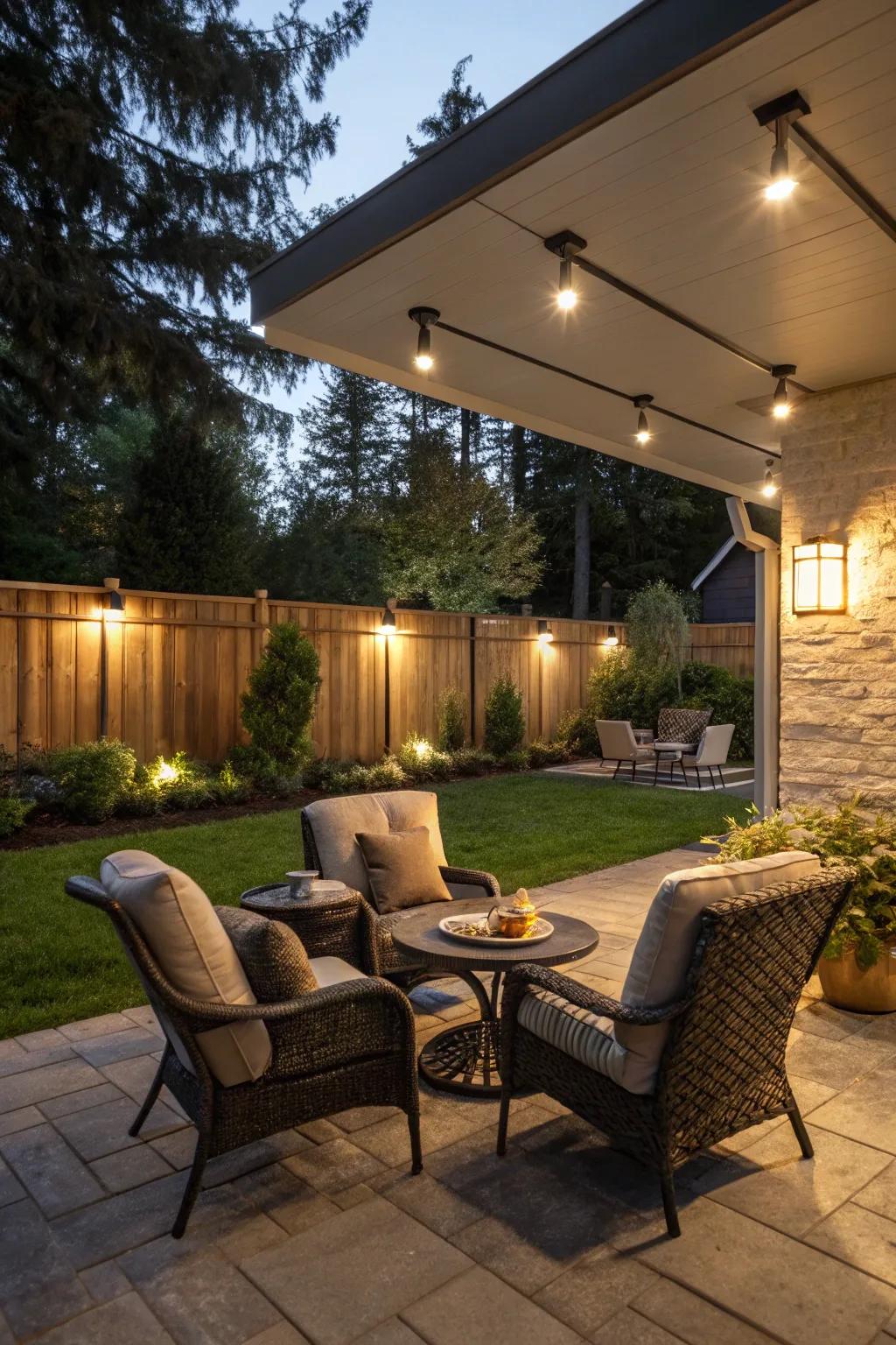 Outdoor oasis with industrial LED wall pack lighting