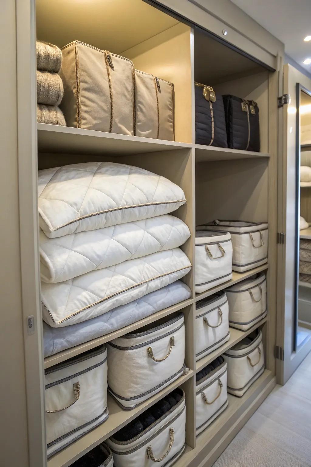 Integrated storage bags streamline closet organization.