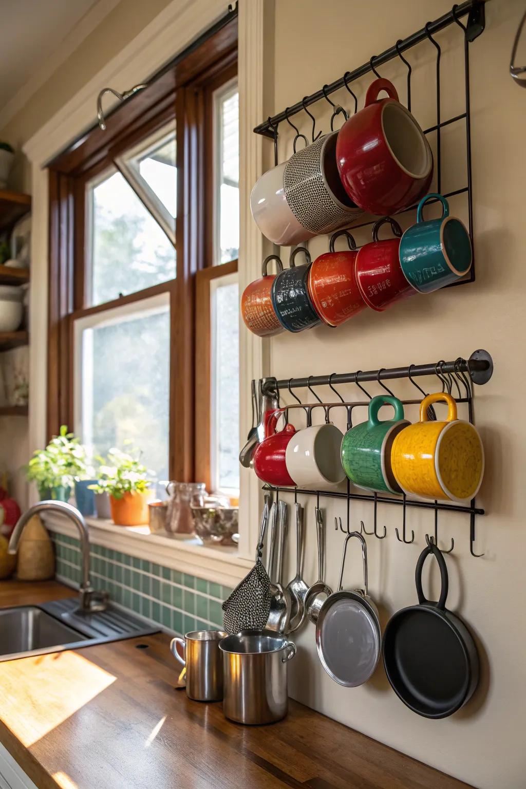 Hanging racks make practical use of vertical corner space.