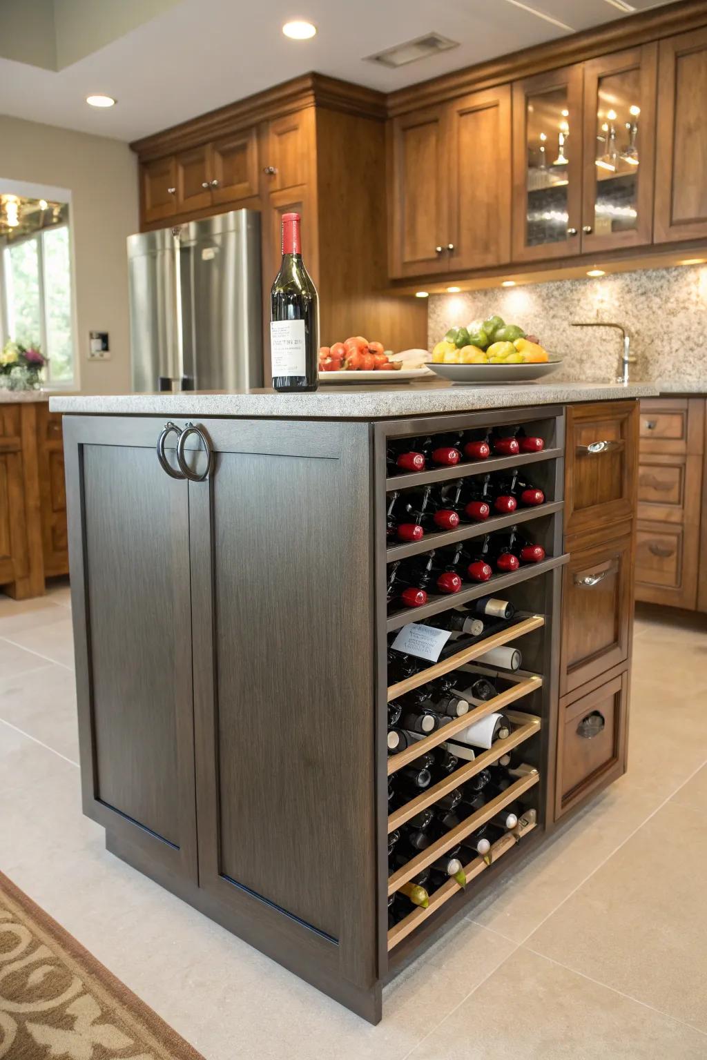 A built-in wine rack adds a hint of style to the island.