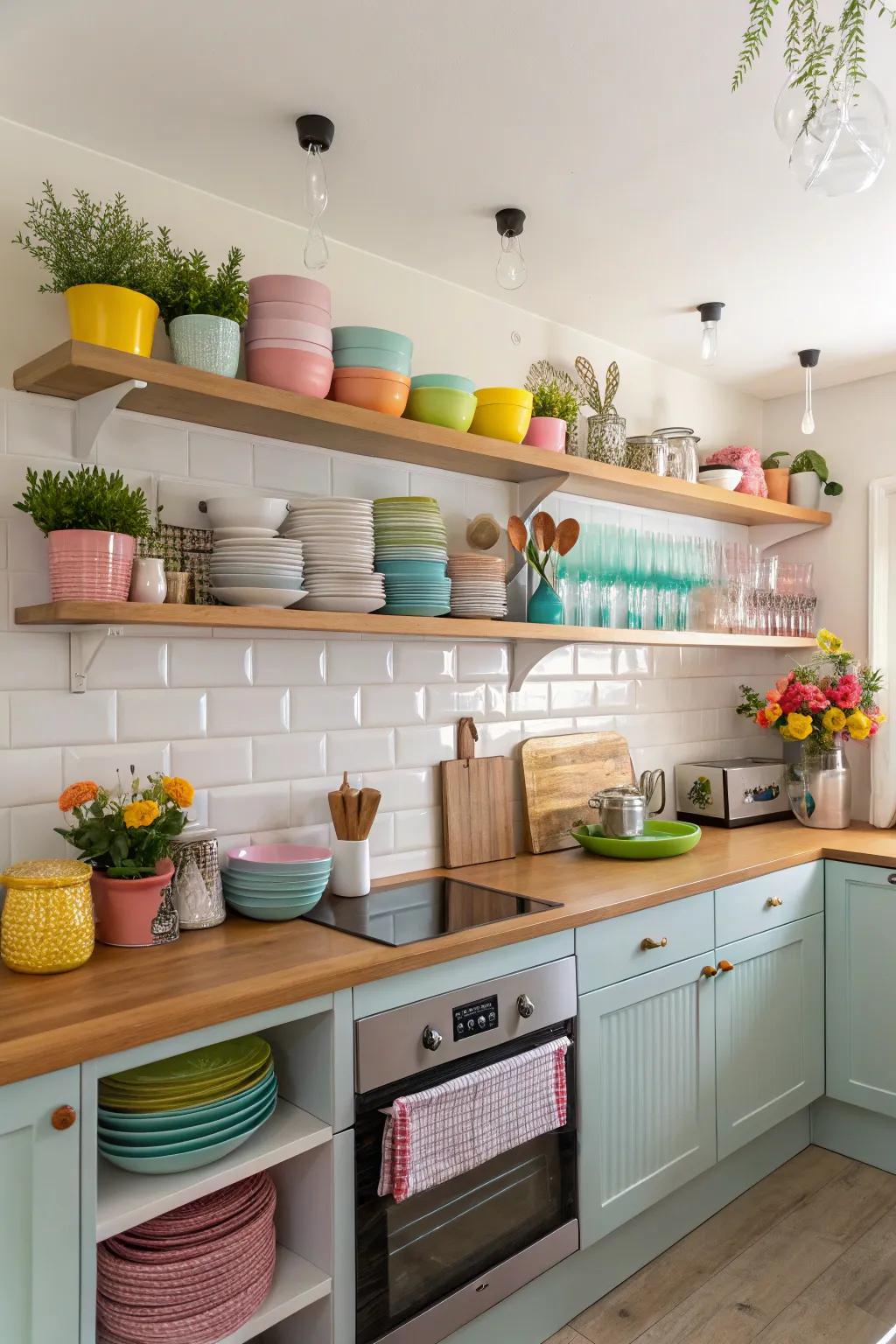 Shelves that harmonize in color foster a balanced kitchen aesthetic.